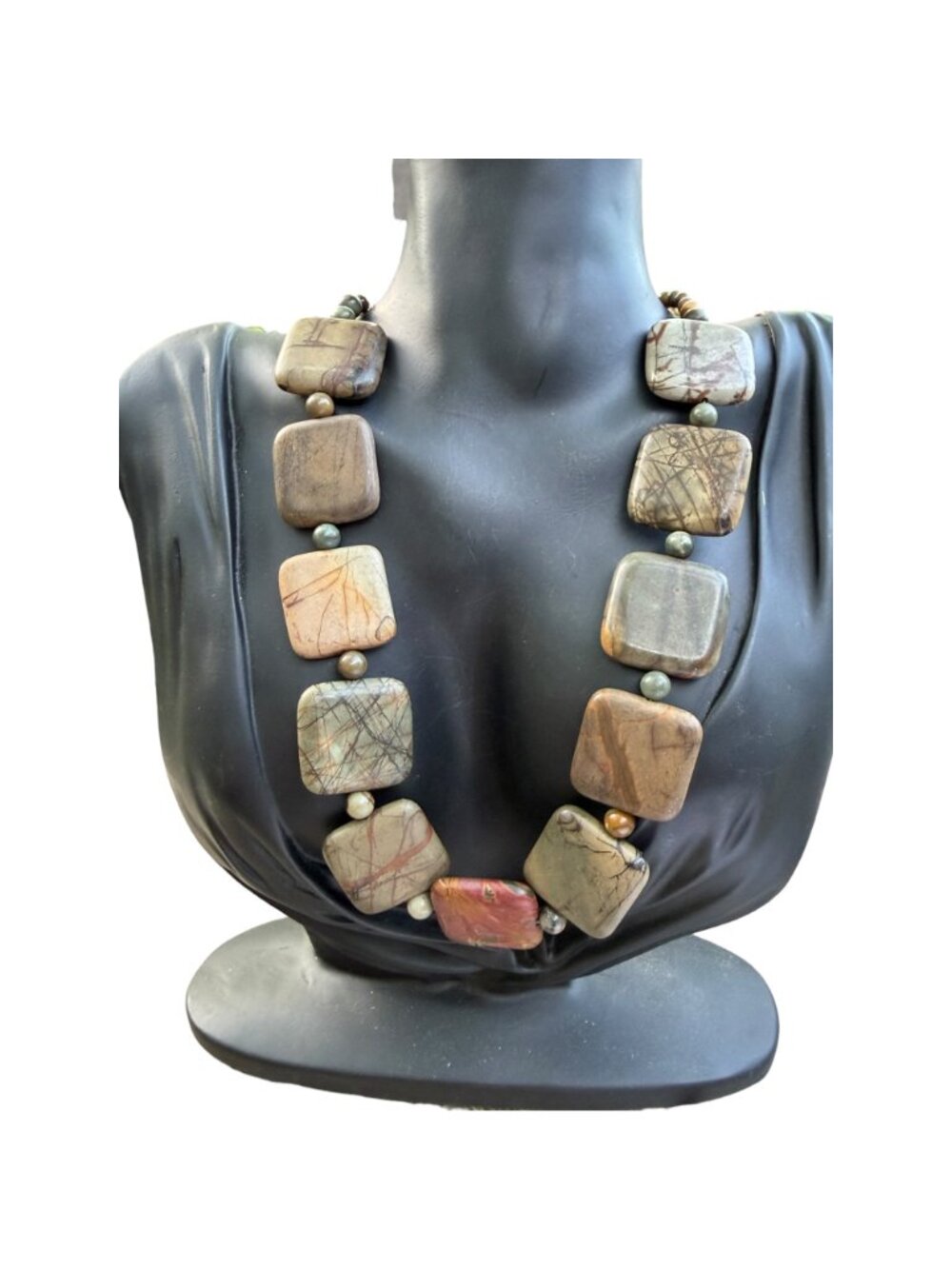 Vintage Jasper Stone Necklace Earthy Square Beads With Toggle Clasp Handmade - Picture 5 of 7